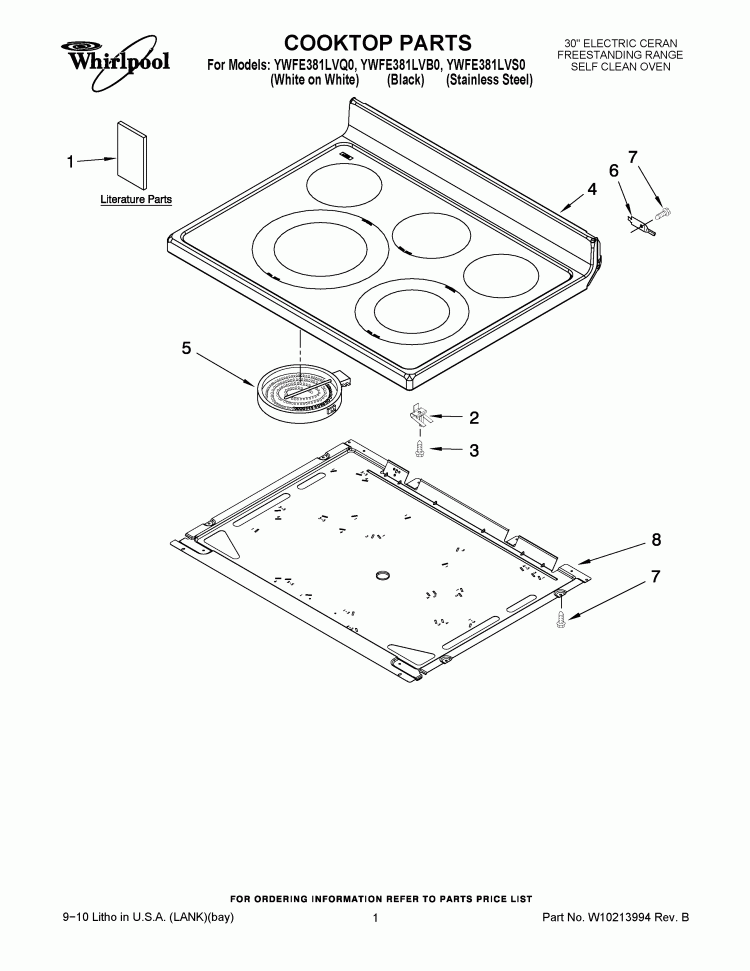 COOKTOP PARTS Diagram and Parts List for YWFE381LVS0  Whirlpool Range