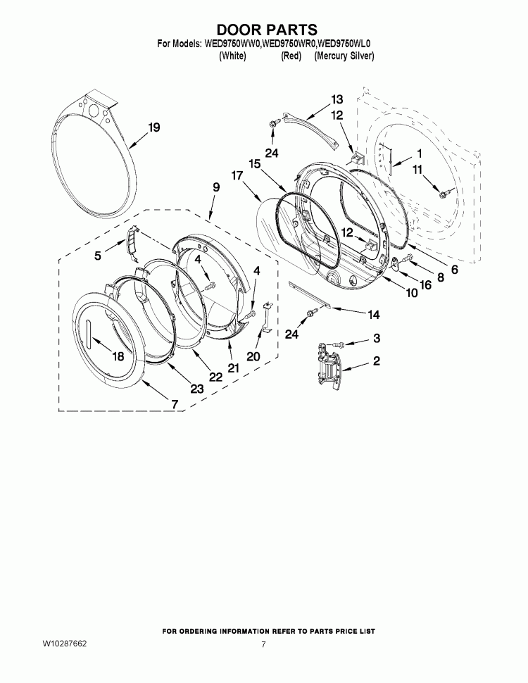 DOOR PARTS Diagram and Parts List for WED9750WL0  Whirlpool Dryer