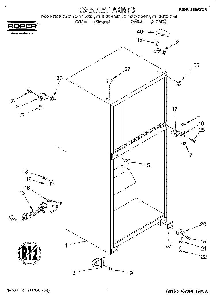 CABINET Diagram and Parts List for RT14DKYDN01  Roper Refrigerator