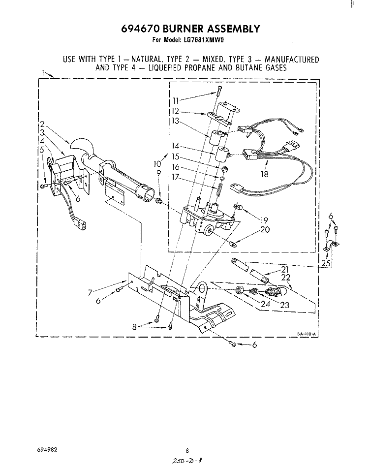 694670 BURNER ASSEMBLY Diagram and Parts List for LG7681XMW0  Whirlpool Dryer