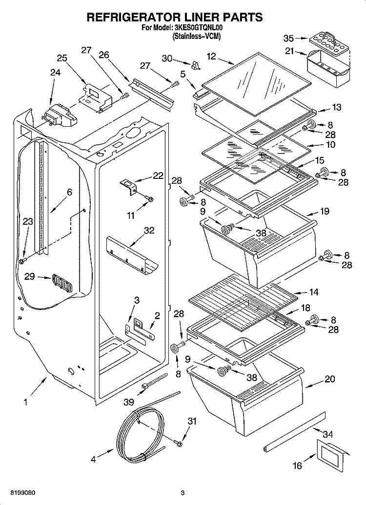 REFRIGERATOR LINER PARTS Diagram and Parts List for 3KES0GTQNL00  Whirlpool Refrigerator
