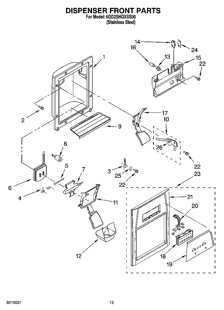 DISPENSER FRONT PARTS Diagram and Parts List for 6GD2SHGXSS00  Whirlpool Refrigerator