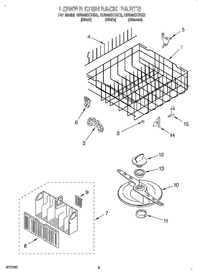 LOWER DISHRACK Diagram and Parts List for GU940SCGQ2  Whirlpool Dishwasher