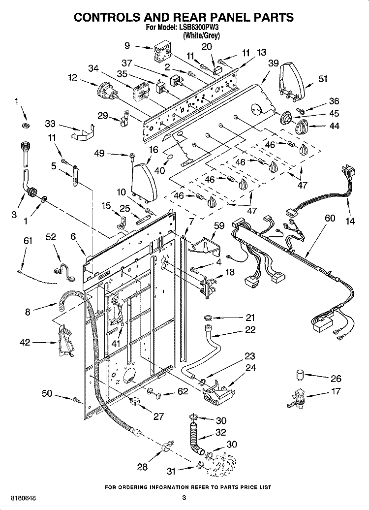 CONTROLS AND REAR PANEL PARTS Diagram and Parts List for LSB6300PW3  Whirlpool Washer