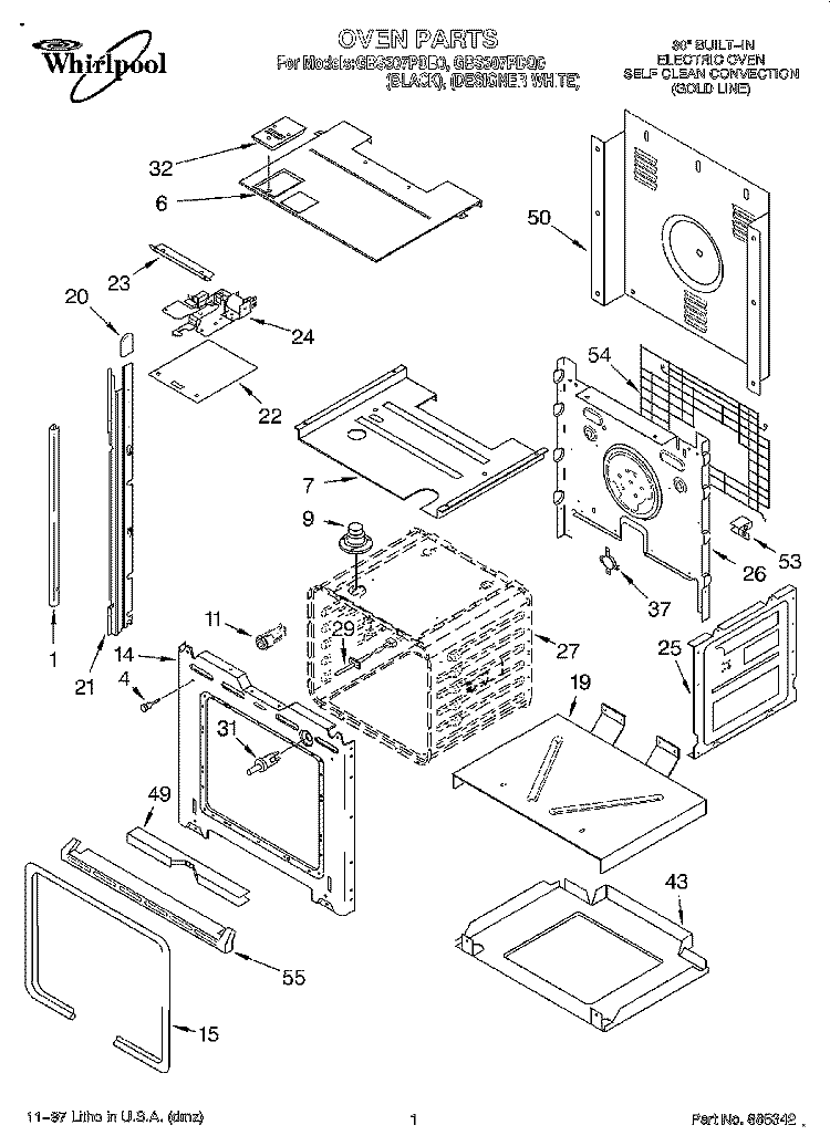 OVEN Diagram and Parts List for GBS307PDQ0  Whirlpool Wall Oven