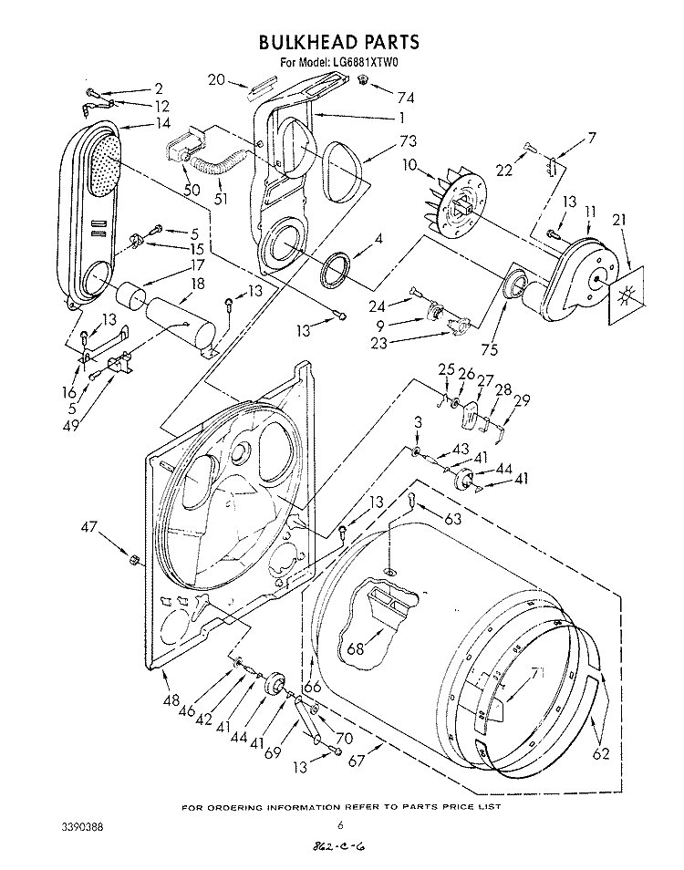 BULKHEAD Diagram and Parts List for LG6881XTG0  Whirlpool Dryer