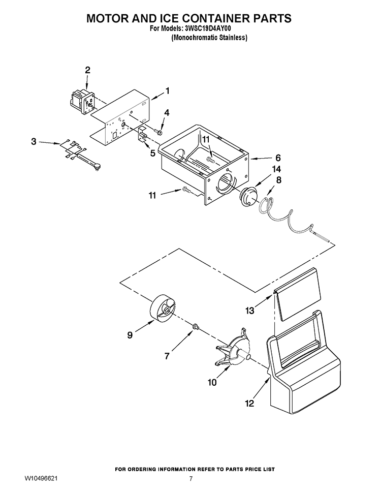 MOTOR AND ICE CONTAINER PARTS Diagram and Parts List for 3WSC19D4AY00  Whirlpool Refrigerator