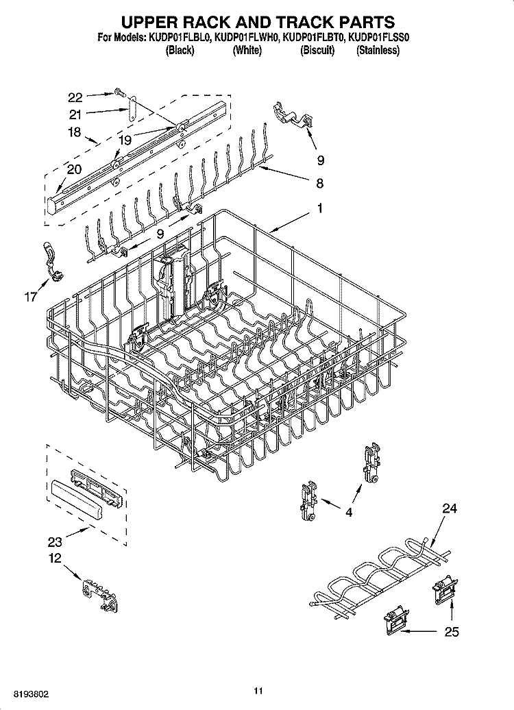 UPPER RACK AND TRACK PARTS Diagram and Parts List for KUDP01FLBT0  KitchenAid Dishwasher