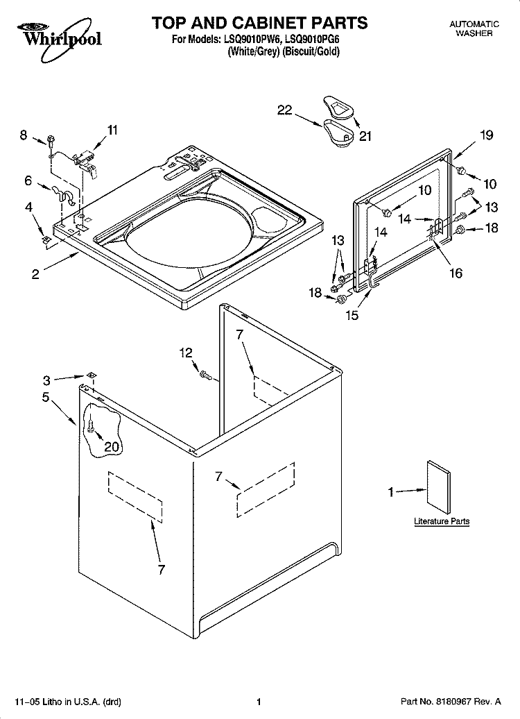 TOP AND CABINET PARTS Diagram and Parts List for LSQ9010PG6  Whirlpool Washer