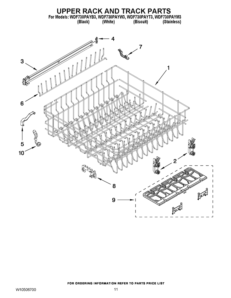 UPPER RACK AND TRACK PARTS Diagram and Parts List for WDF730PAYB3  Whirlpool Dishwasher