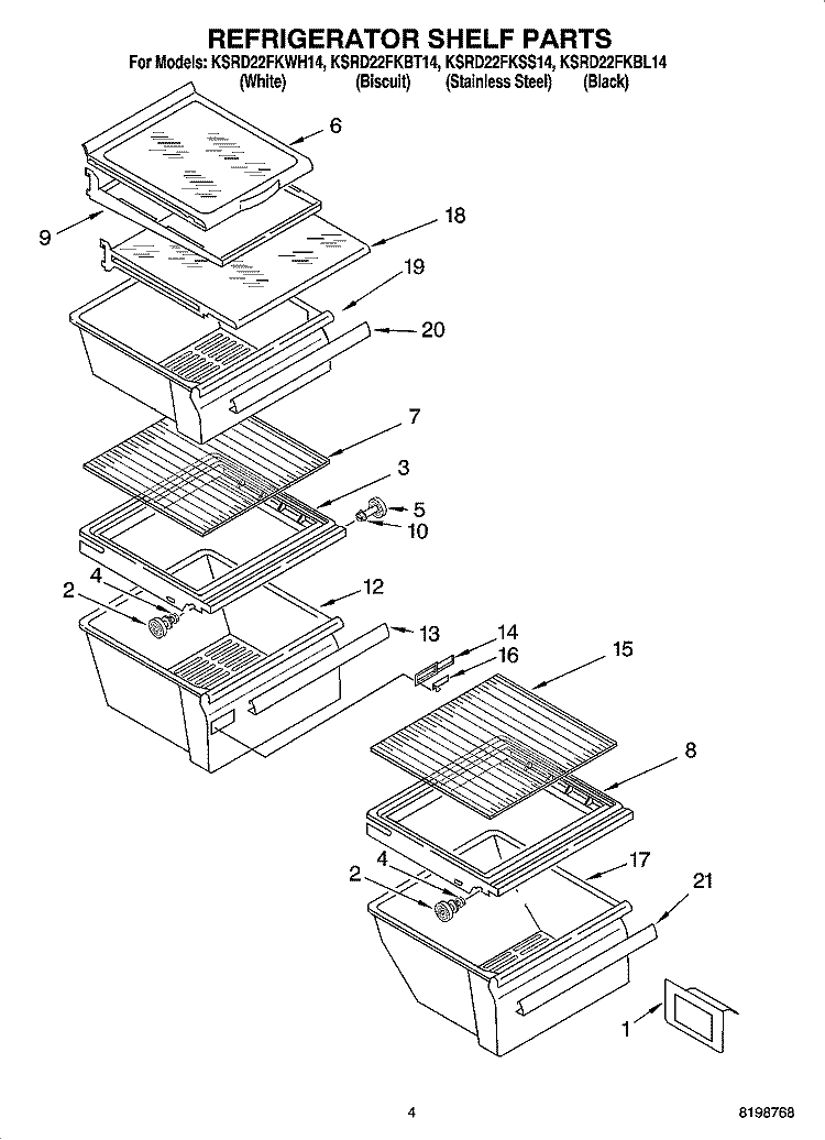 REFRIGERATOR SHELF PARTS Diagram and Parts List for KSRD22FKBL14  KitchenAid Refrigerator