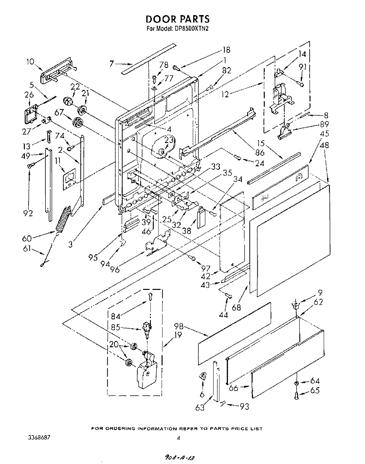 DOOR Diagram and Parts List for DP8500XTN2  Whirlpool Dishwasher