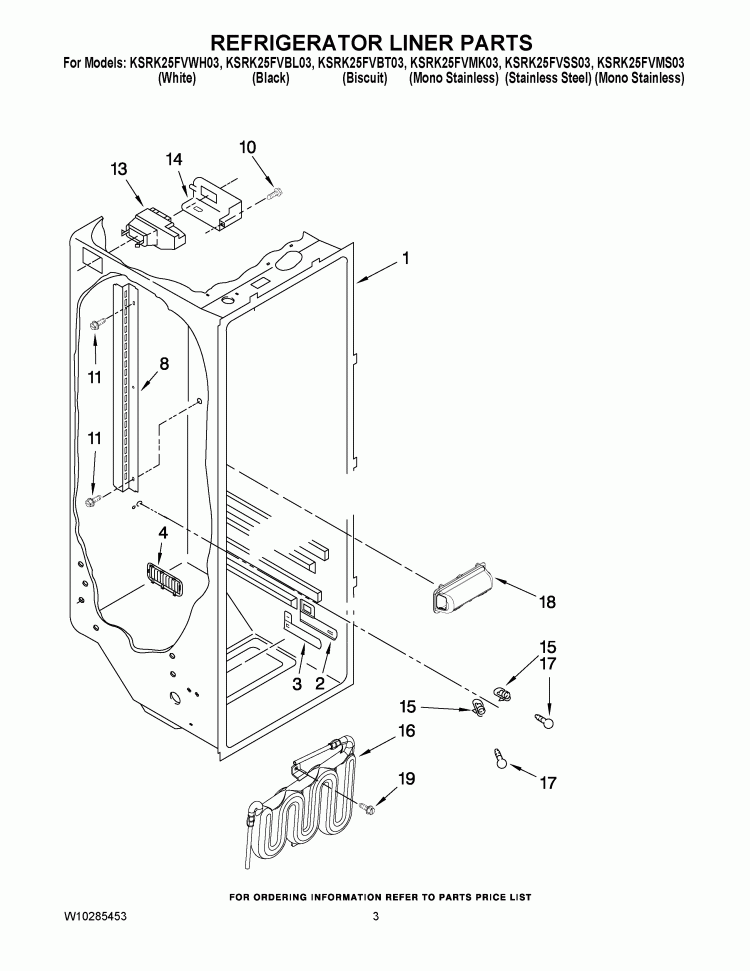 REFRIGERATOR LINER PARTS Diagram and Parts List for KSRK25FVBL03  KitchenAid Refrigerator