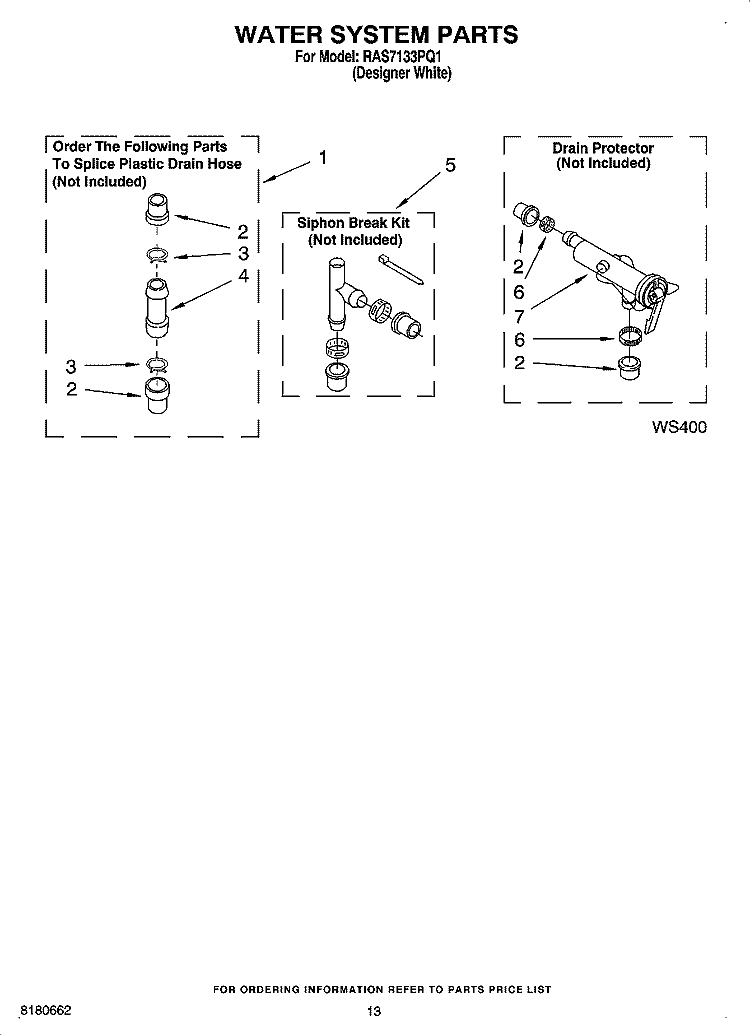 WATER SYSTEM PARTS, MISCELLANEOUS PARTS, OPTIONAL PARTS (NOT INCLUDED) Diagram and Parts List for RAS7133PQ1  Roper Washer