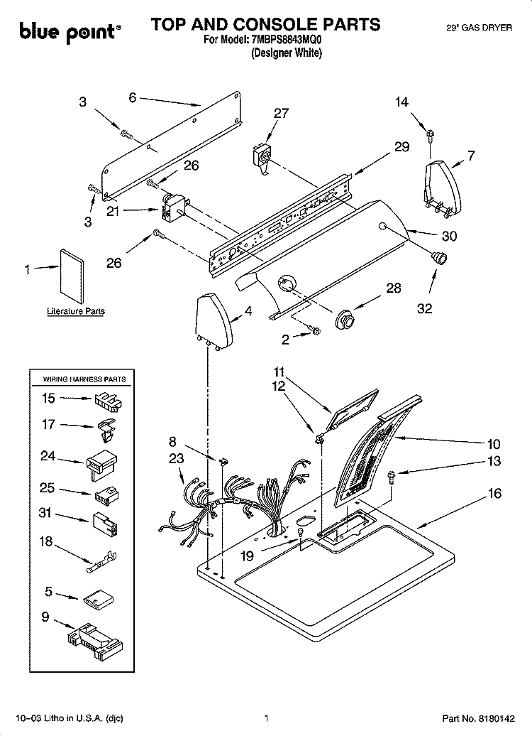 TOP AND CONSOLE PARTS Diagram and Parts List for 7MBPS8843MQ0  Whirlpool Dryer