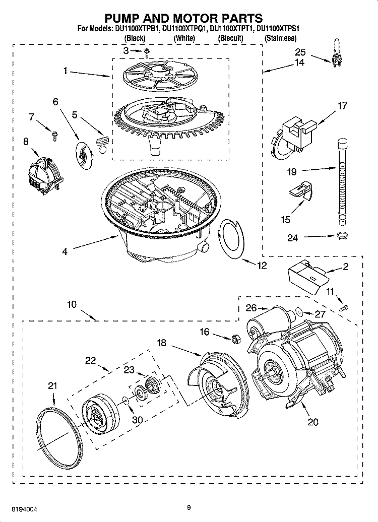 PUMP AND MOTOR PARTS Diagram and Parts List for DU1100XTPB1  Whirlpool Dishwasher