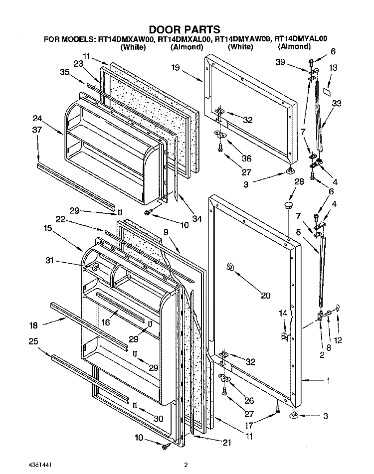 DOOR Diagram and Parts List for RT14DMYAW00  Roper Refrigerator