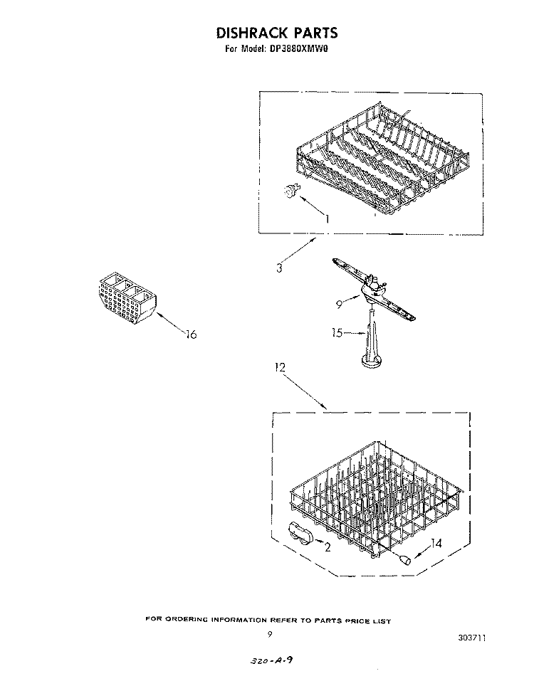 DISHRACK Diagram and Parts List for DP3880XMW0  Whirlpool Dishwasher