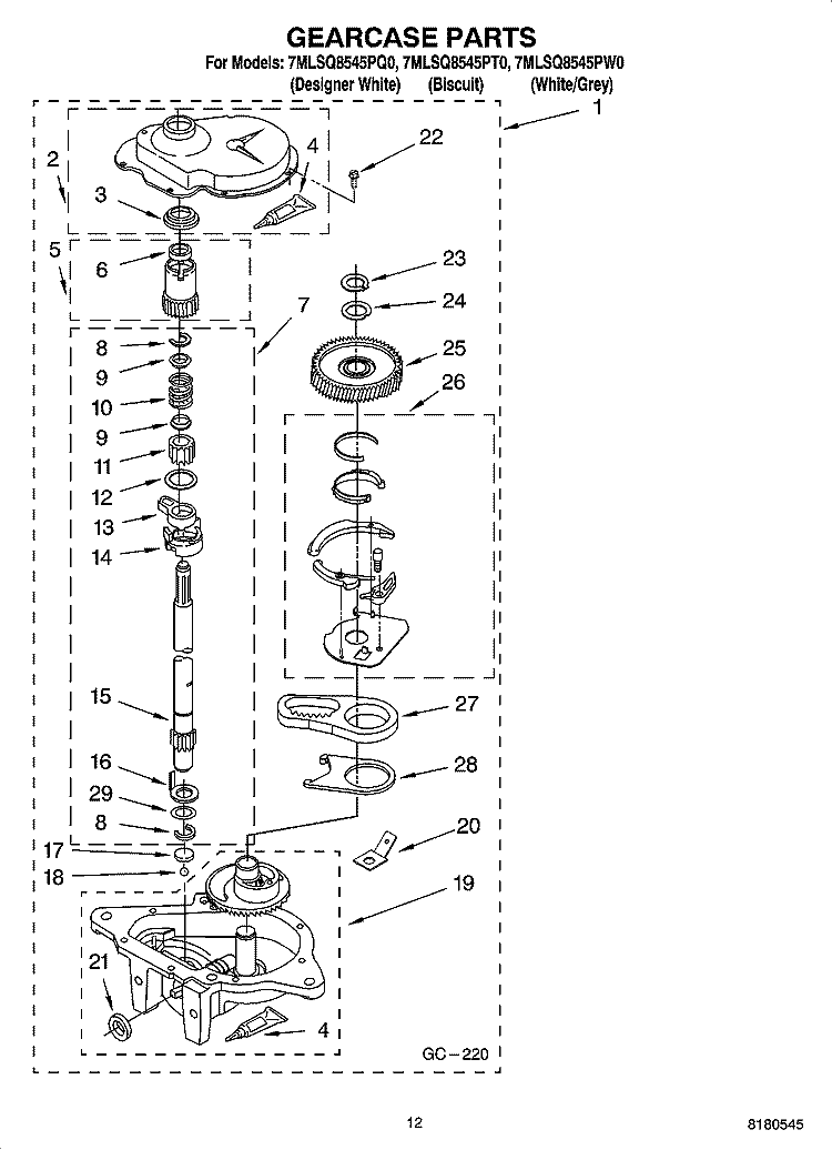 GEARCASE PARTS Diagram and Parts List for 7MLSQ8545PT0  Whirlpool Washer
