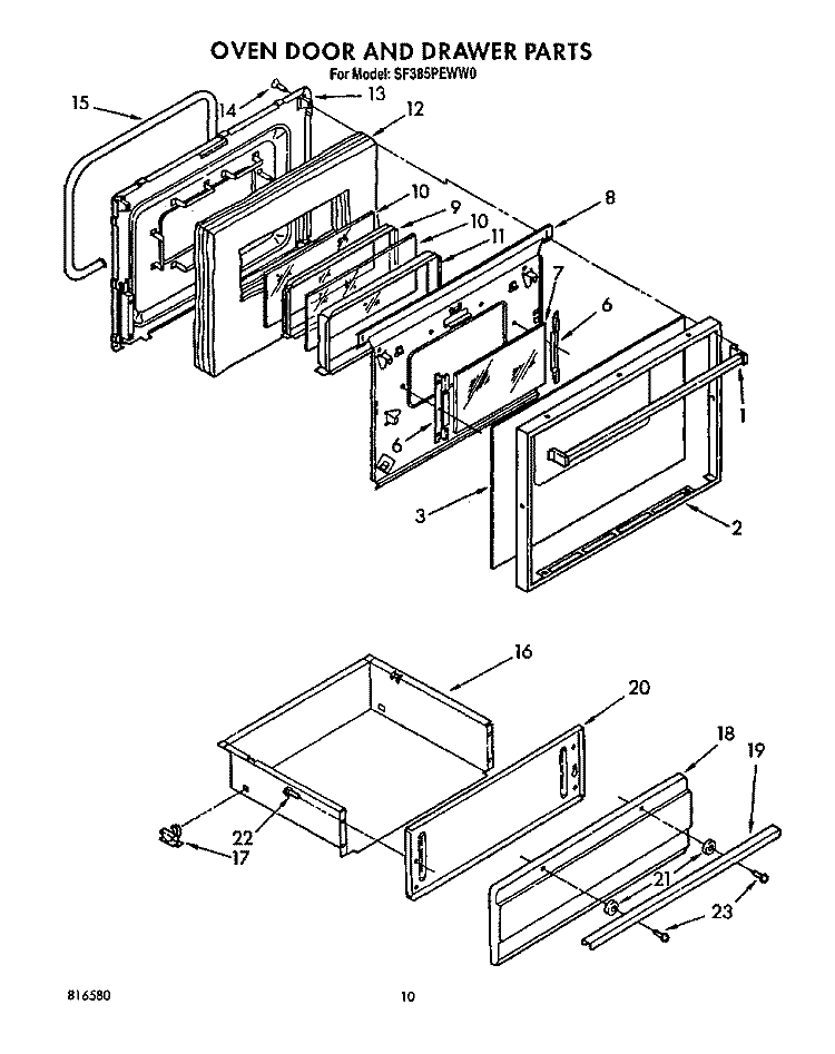 OVEN DOOR AND DRAWER Diagram and Parts List for SF385PEWW0  Whirlpool Range