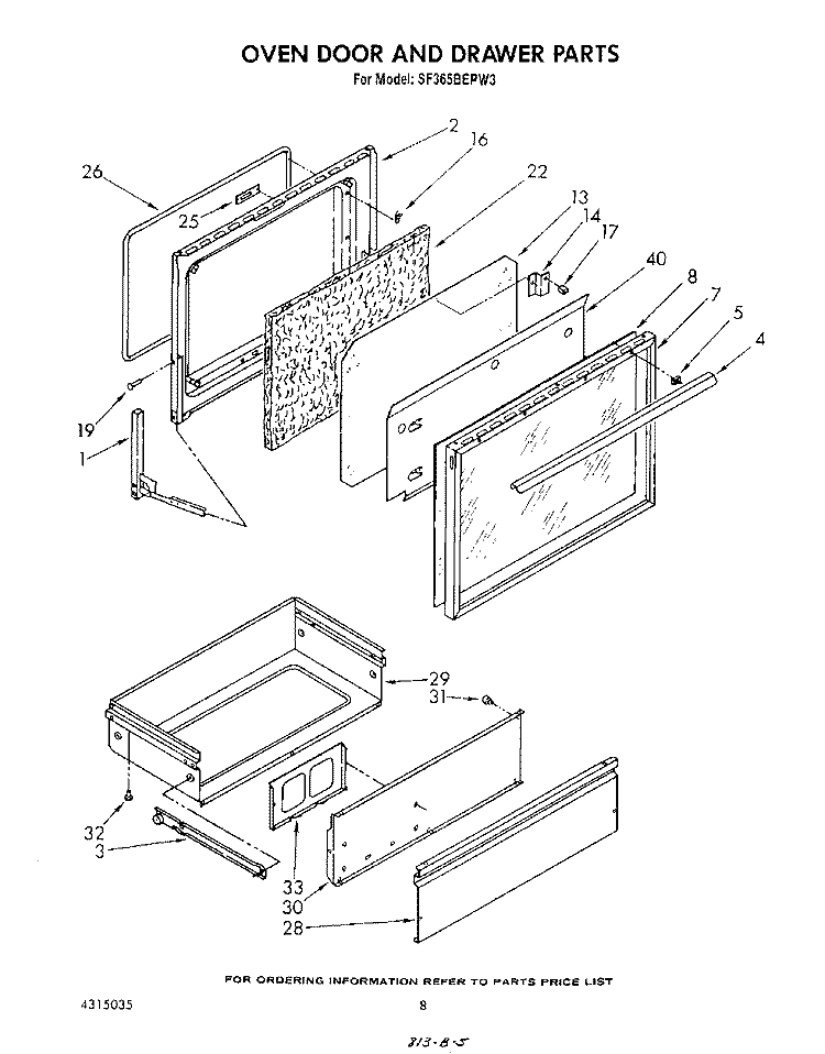 OVEN DOOR AND DRAWER Diagram and Parts List for SF365BEPW3  Whirlpool Range