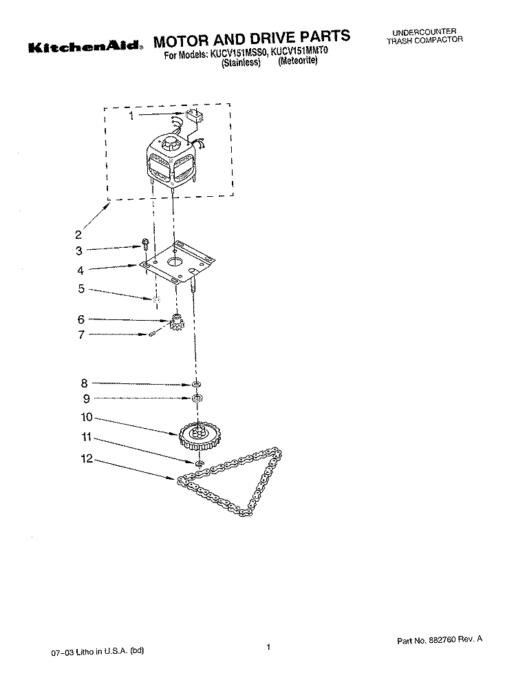 MOTOR AND DRIVE PARTS Diagram and Parts List for KUCV151MMT0  KitchenAid Trash Compactor