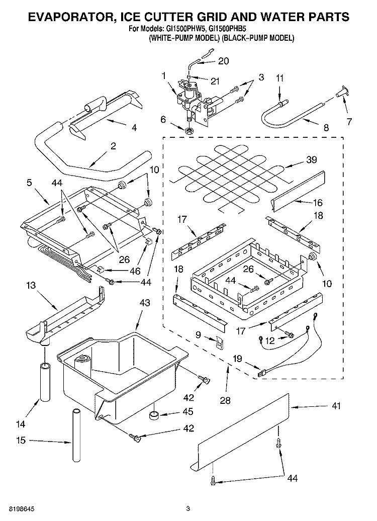 EVAPORATOR ICE CUTTER GRID AND WATER PARTS Diagram and Parts List for GI1500PHB5  Whirlpool Ice Maker