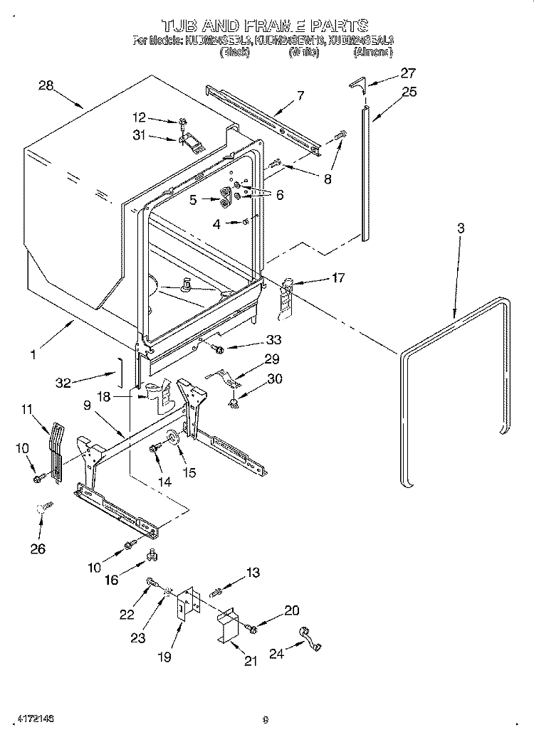 TUB AND FRAME Diagram and Parts List for KUDM24SEWH3  KitchenAid Dishwasher