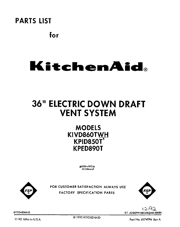 SECTION Diagram and Parts List for KIVD860TAL  Whirlpool Range Hood