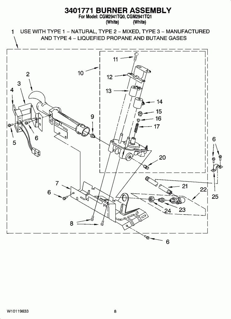 3401771 BURNER ASSEMBLY, OPTIONAL PARTS (NOT INCLUDED) Diagram and Parts List for CGM2941TQ1  Whirlpool Dryer