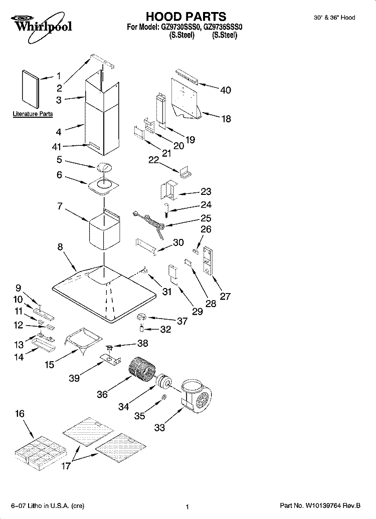 HOOD PARTS Diagram and Parts List for GZ9730SSS0  Whirlpool Range Hood