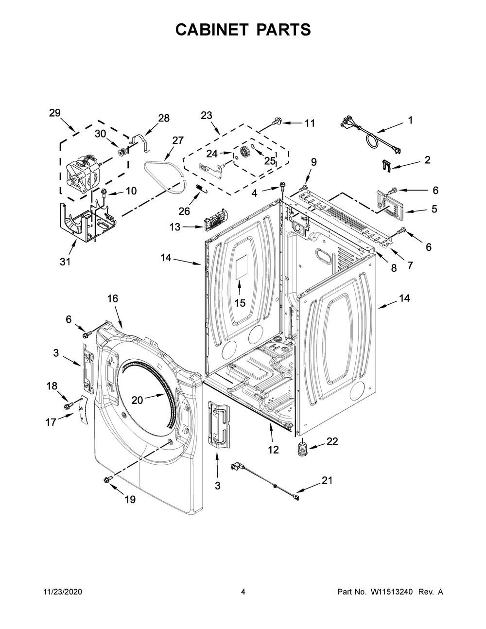Cabinet Parts Diagram and Parts List for YIED5900HW2  Whirlpool Dryer