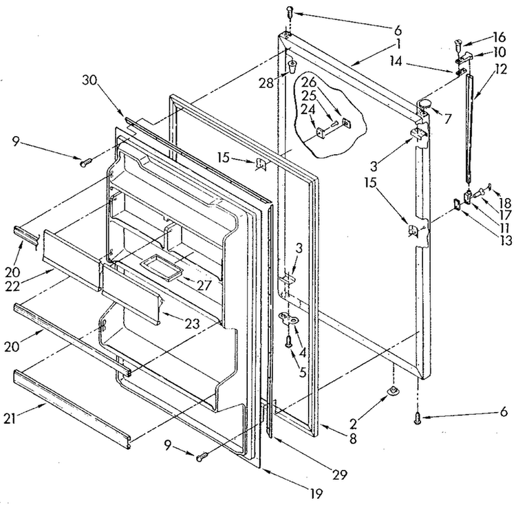Refrigerator Door Diagram and Parts List for ET18GKXSM05  Whirlpool Refrigerator