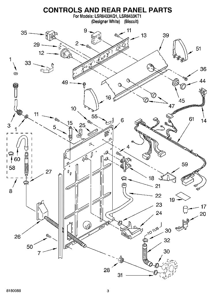 CONTROLS AND REAR PANEL PARTS Diagram and Parts List for LSR8433KT1  Whirlpool Washer