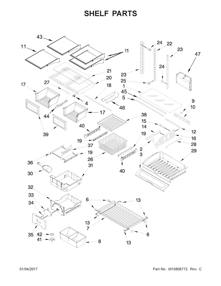 Shelf Parts Diagram and Parts List for KRFC302EPA00  KitchenAid Refrigerator