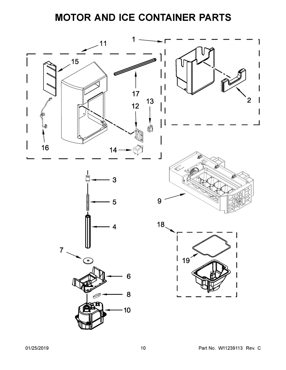 Motor And Ice Container Parts Diagram and Parts List for WRSA71CIHN00  Whirlpool Refrigerator