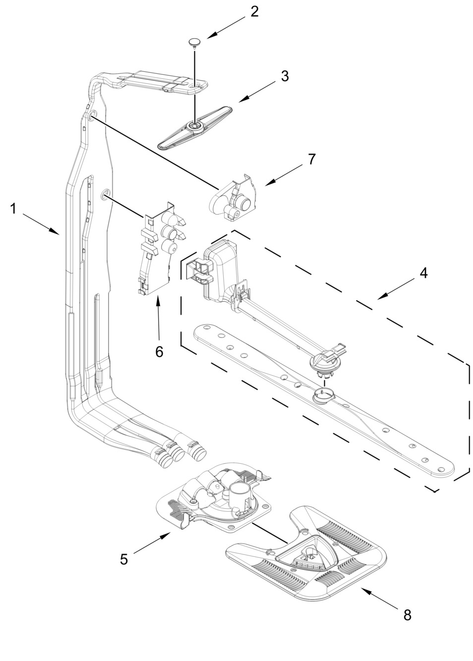 Upper Wash And Rinse Parts Diagram and Parts List for MDTS7024SZ0  Whirlpool Dishwasher