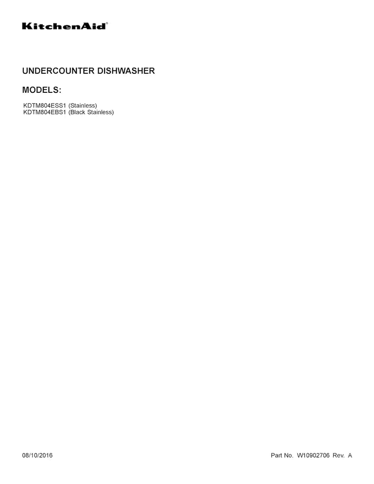 Cover Sheet Diagram and Parts List for KDTM804ESS1  KitchenAid Dishwasher