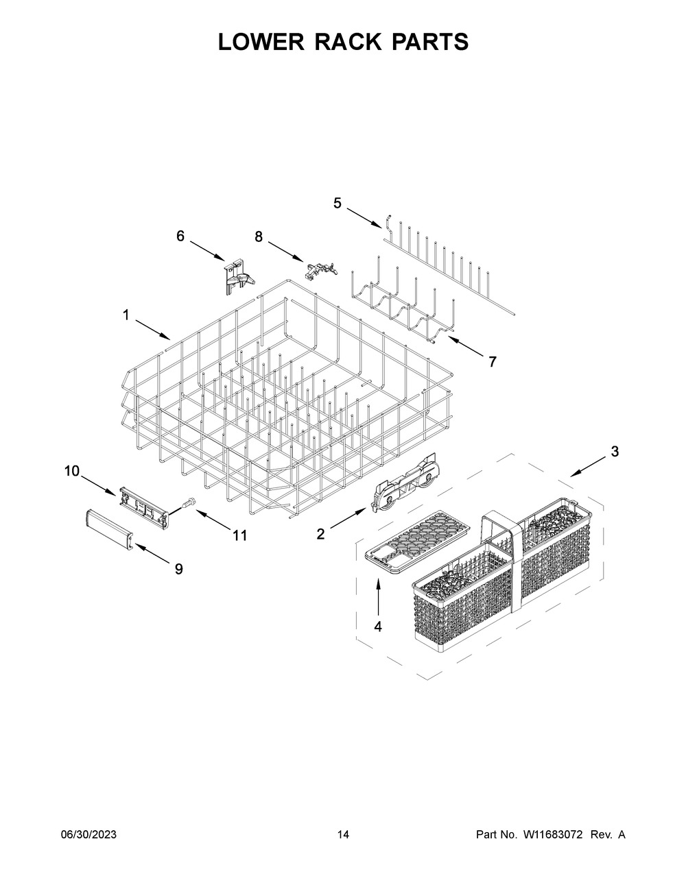 Lower Rack Parts Diagram and Parts List for KDTM604KBS2  KitchenAid Dishwasher