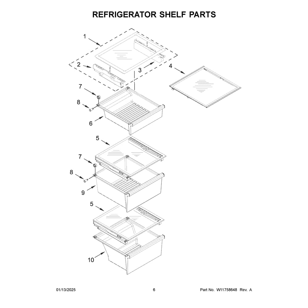 Refrigerator Shelf Parts Diagram and Parts List for WRSC5536RZ00  Whirlpool Refrigerator