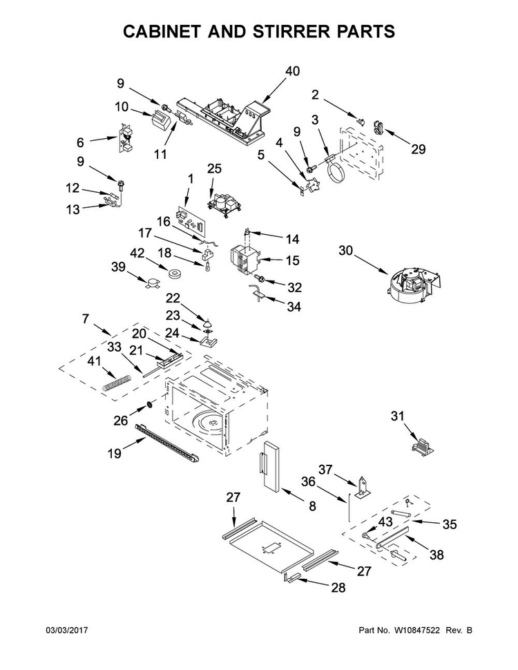 Cabinet And Stirrer Parts Diagram and Parts List for KMBP100EBS01  KitchenAid Microwave