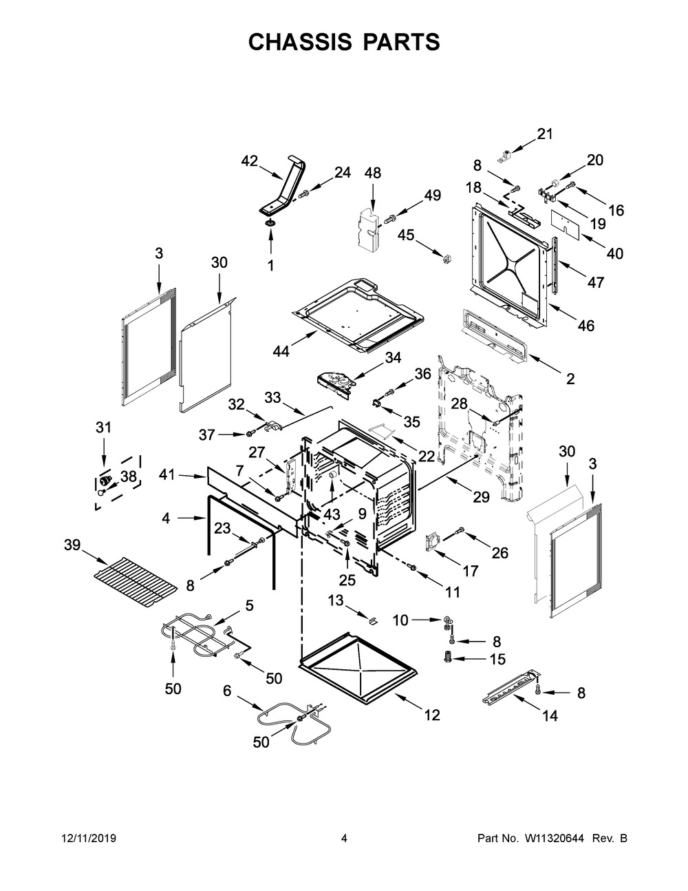 Chassis Parts Diagram and Parts List for WEE510S0FB2  Whirlpool Range