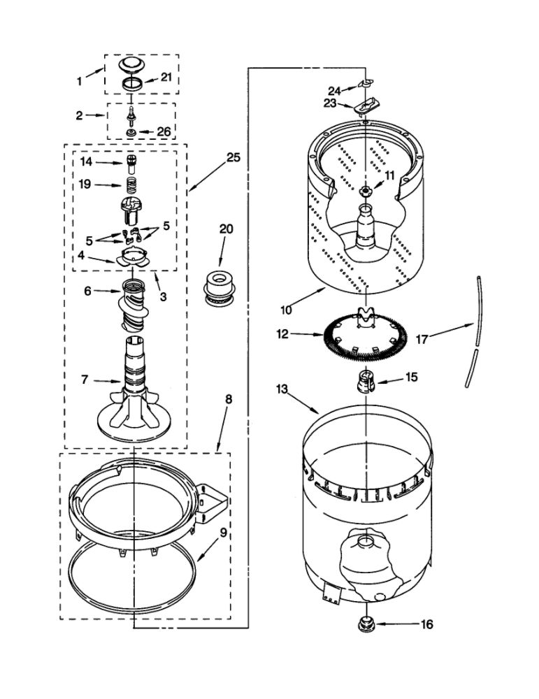 Agitator, Basket And Tub Diagram and Parts List for 11021884001  Kenmore Washer