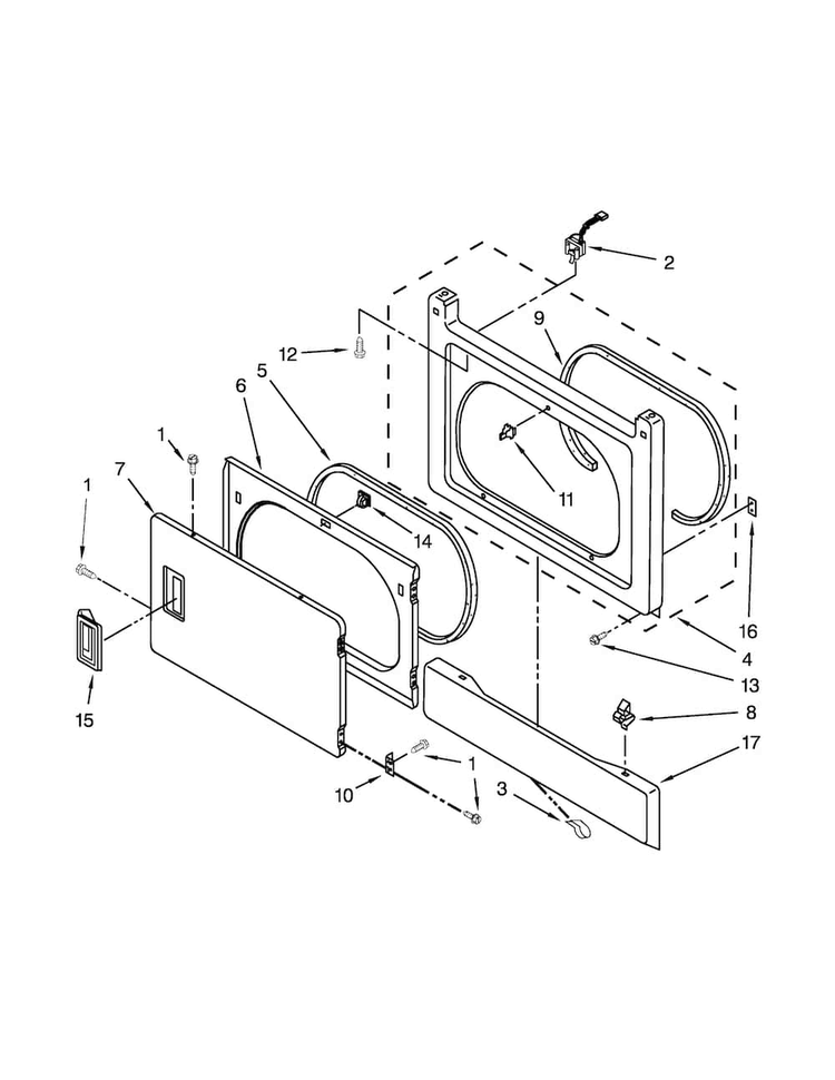 Dryer Front Panel And Door Parts Diagram and Parts List for WET3300XQ2  Whirlpool Washer Dryer Combo