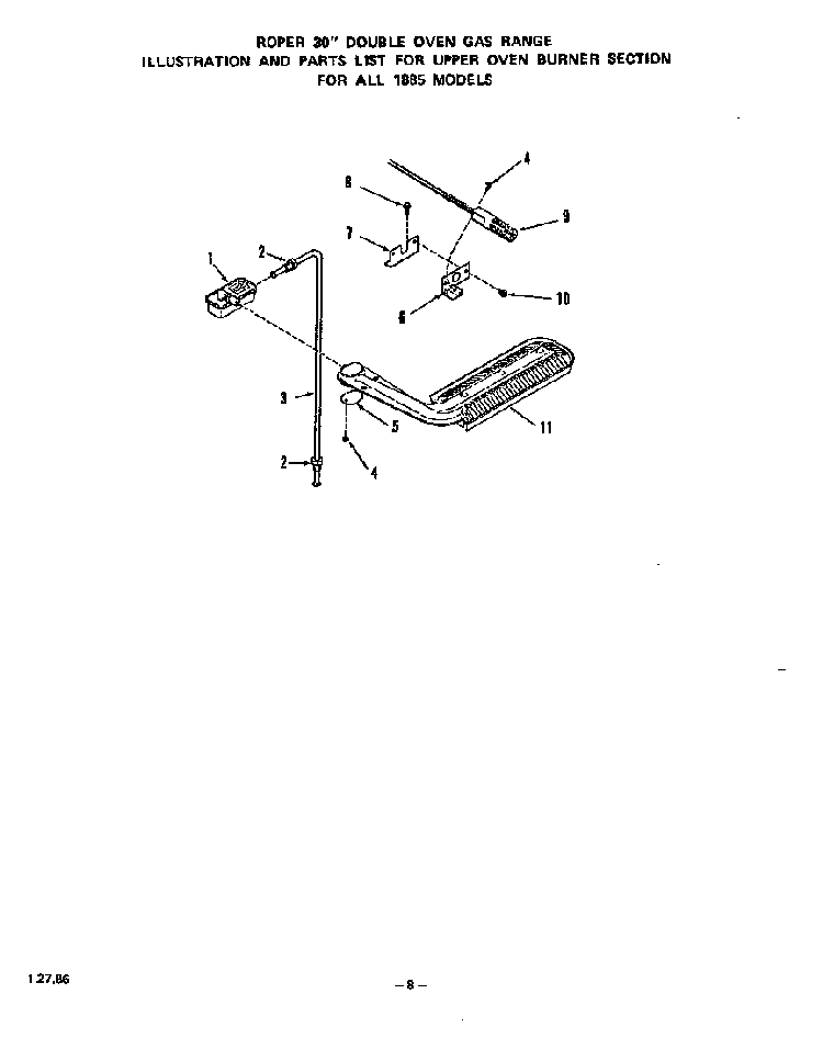 Upper Oven Burner Diagram and Parts List for 1885*0A  Roper Range