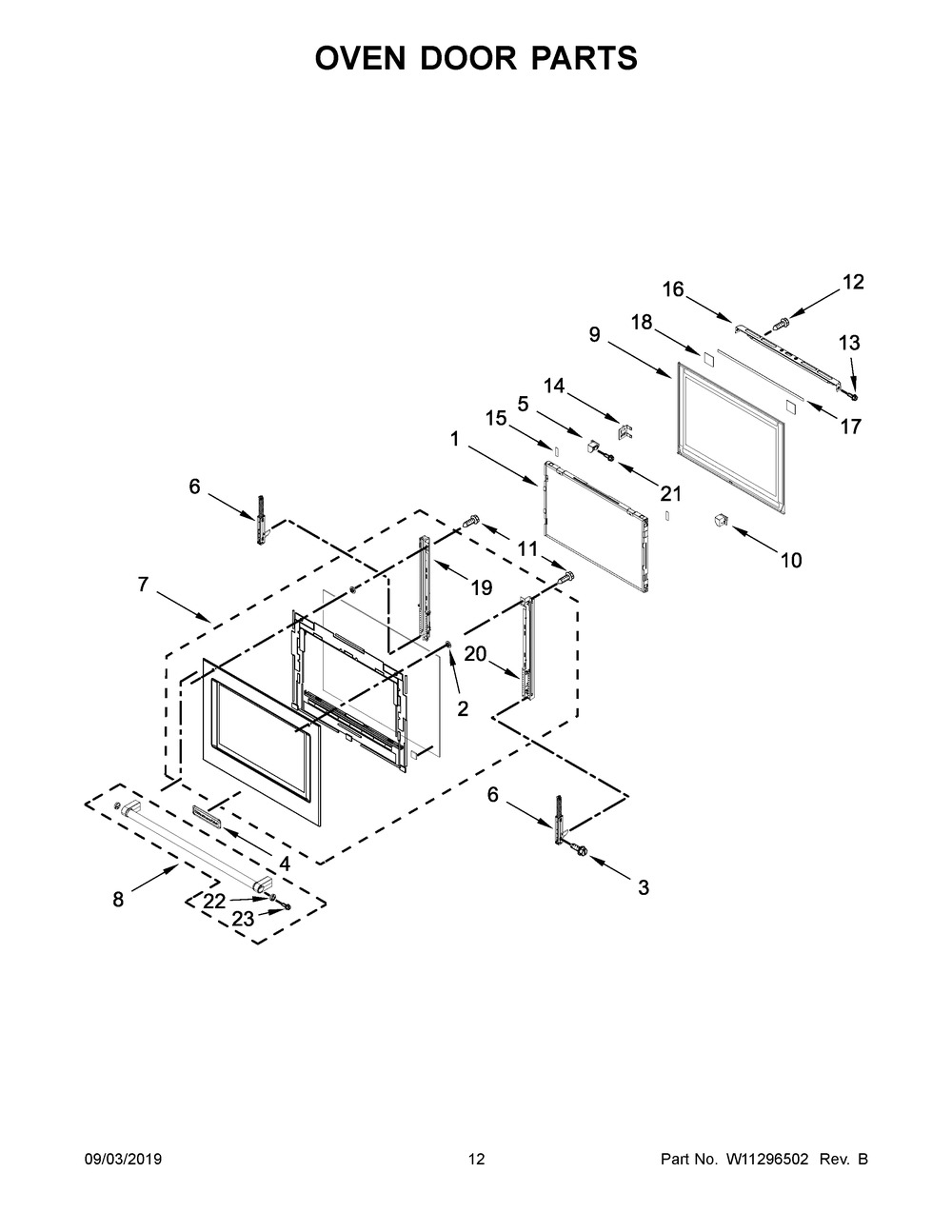 Oven Door Parts Diagram and Parts List for KOCE900HBS00  Whirlpool Microwave Oven Combo