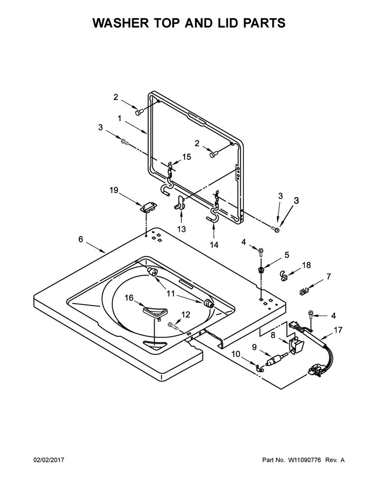 Washer Top And Lid Parts Diagram and Parts List for WETLV27FW0  Whirlpool Washer Dryer Combo