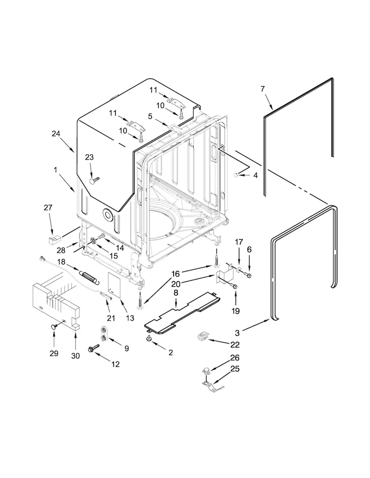 Tub And Frame Parts Diagram and Parts List for KDFE104DBL0  KitchenAid Dishwasher