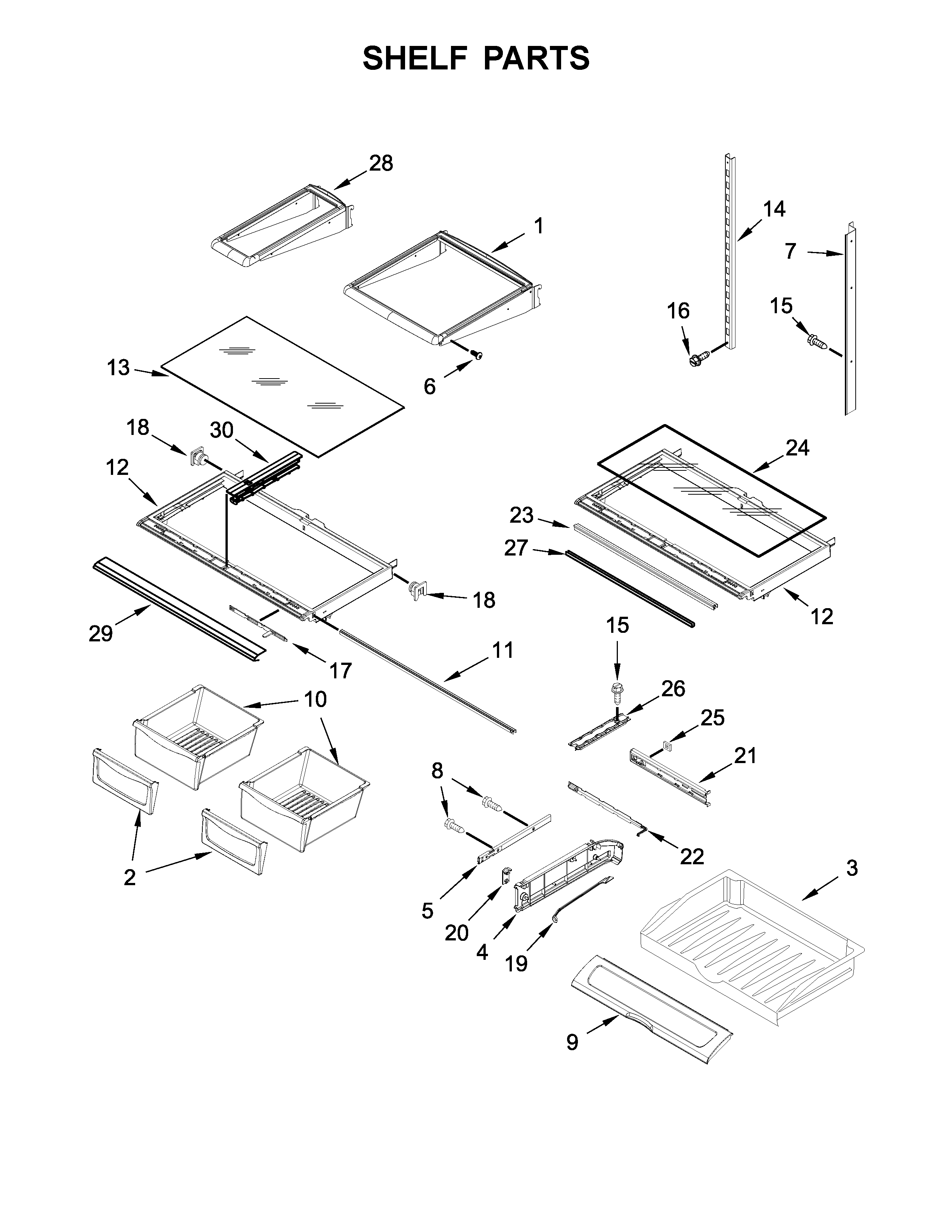 Shelf Parts Diagram and Parts List for IX7DDEXGZ000  Whirlpool Refrigerator