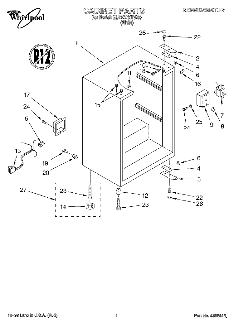 CABINET Diagram and Parts List for EL03CCXHW00  Whirlpool Refrigerator